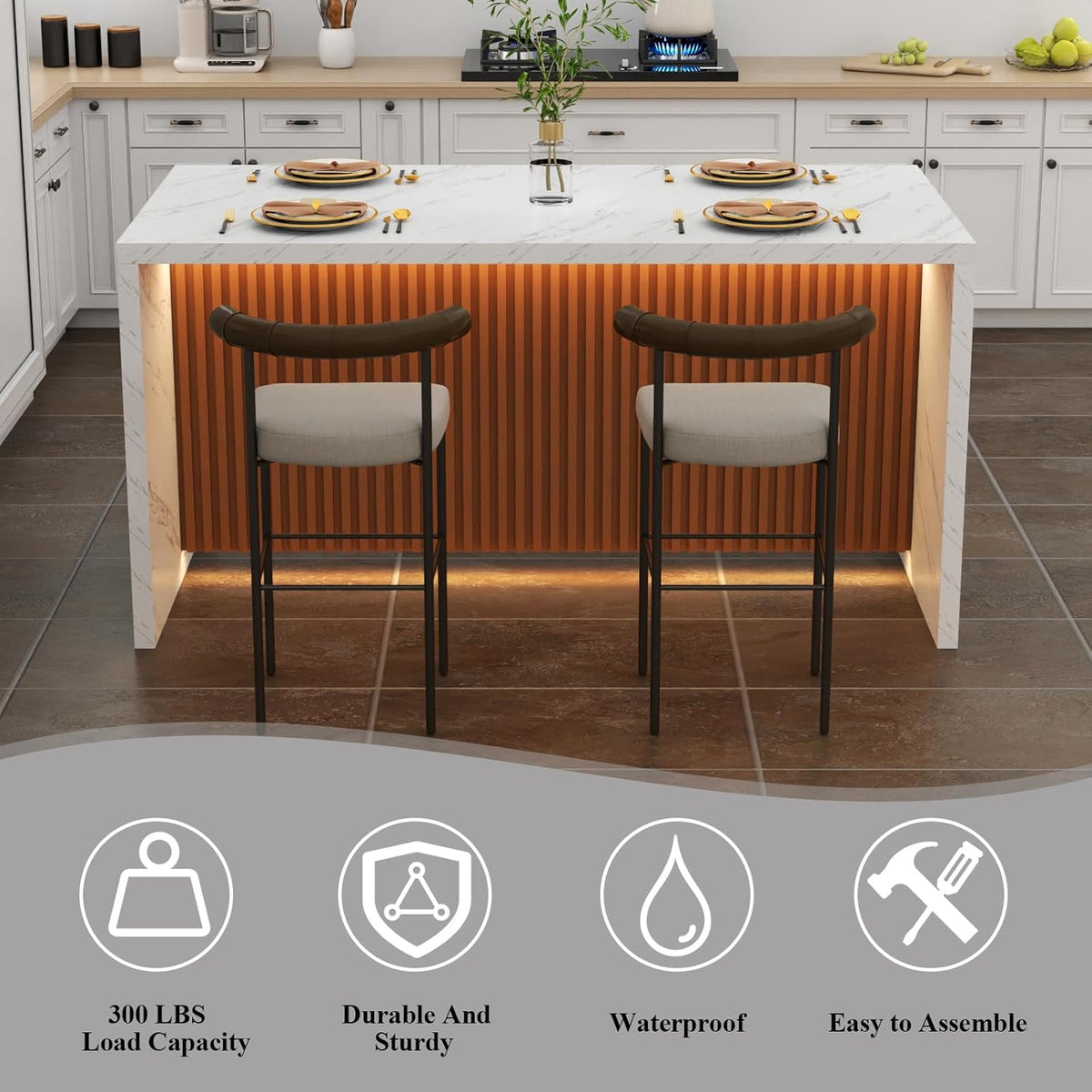 63" Large Imitation Marble Dining Table for 4-6 People,Kitchen Island Table with LED Lights, Mordern Marble Stripes Kitchen Dining Table with Grille design for Dining Room,Living Room (White)