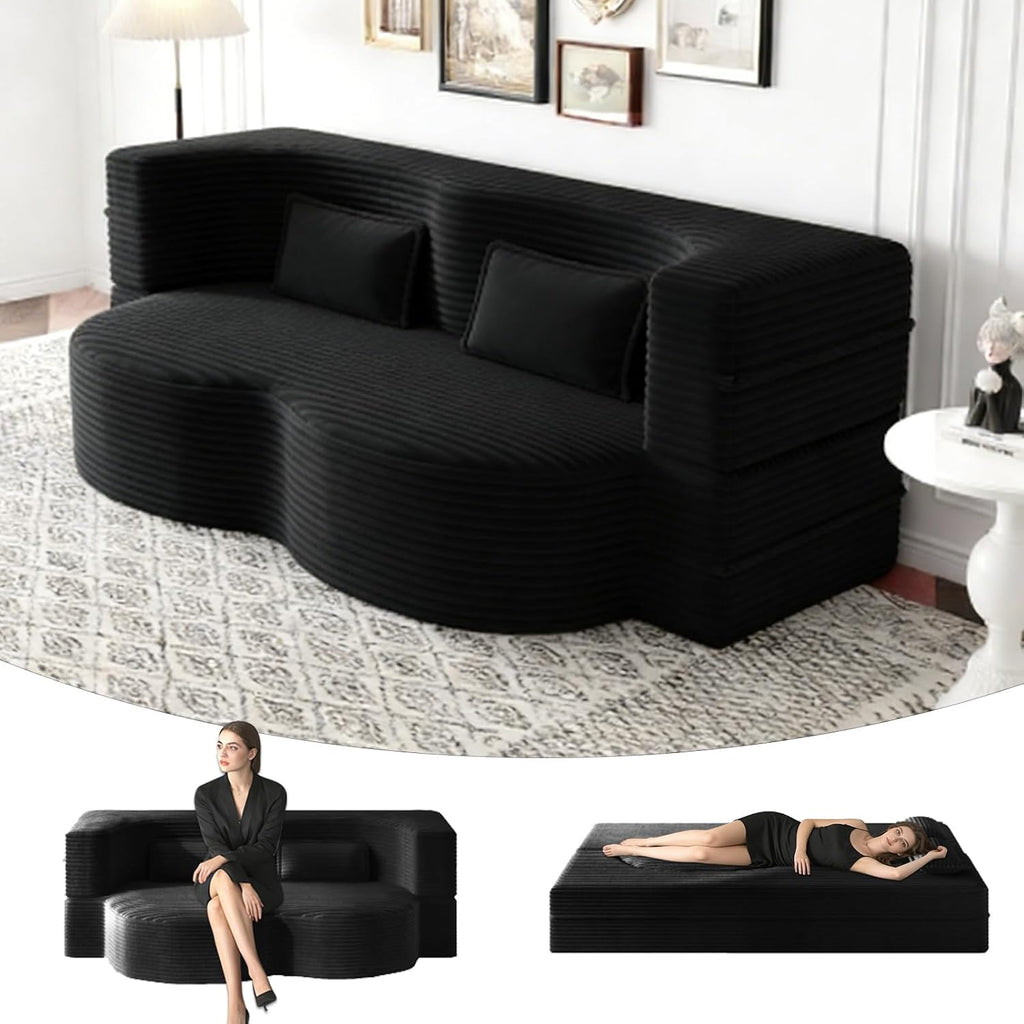 78" Full Size Convertible Futon Sofa Bed, Corduroy Folding Sleeper Sofa Bed with 2 Pillow, Foam Mattress Couch Bed, No Assembly Loveseat Couches for Living Room Apartment, Space‑Saving, Black