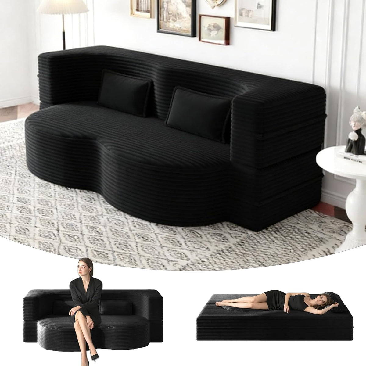 78" Full Size Convertible Futon Sofa Bed, Corduroy Folding Sleeper Sofa Bed with 2 Pillow, Foam Mattress Couch Bed, No Assembly Loveseat Couches for Living Room Apartment, Space‑Saving, Black