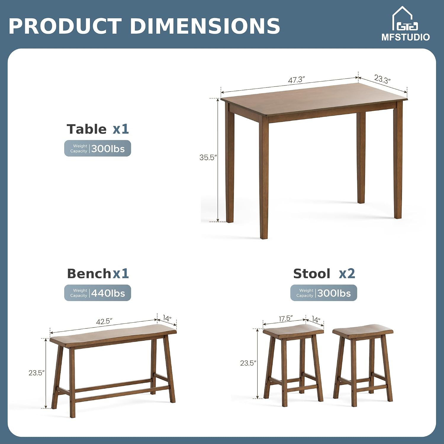 MFSTUDIO Dining Table Set for 4, Counter Height Table and Chairs, Kitchen Table Set with Bench, Breakfast Bar Table and Chairs Set Space Saving, Rustic Caramel