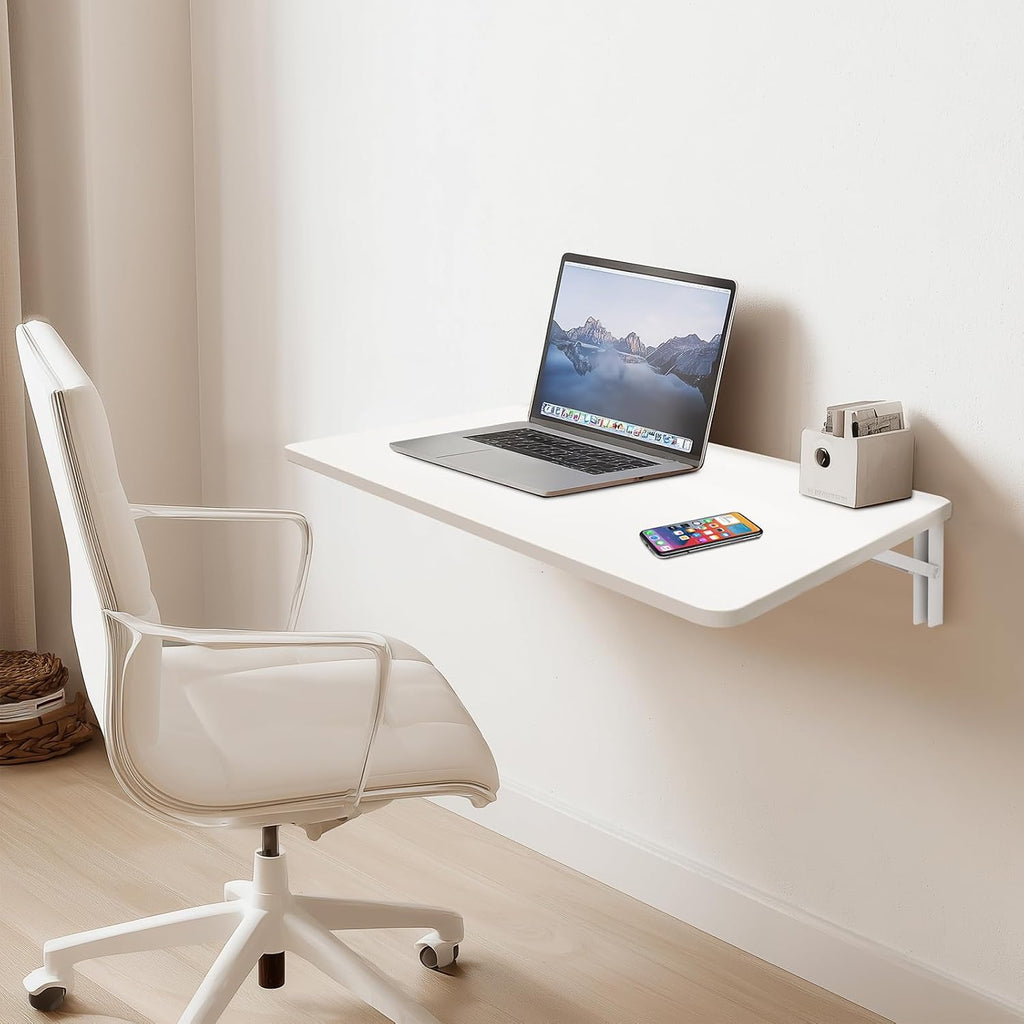 White Wall Mounted Folding Table 23.6"x15.7" Fold Down Wooden Wall Desk for Small Spaces, Floating Laundry Folding Table for Kitchen or Office
