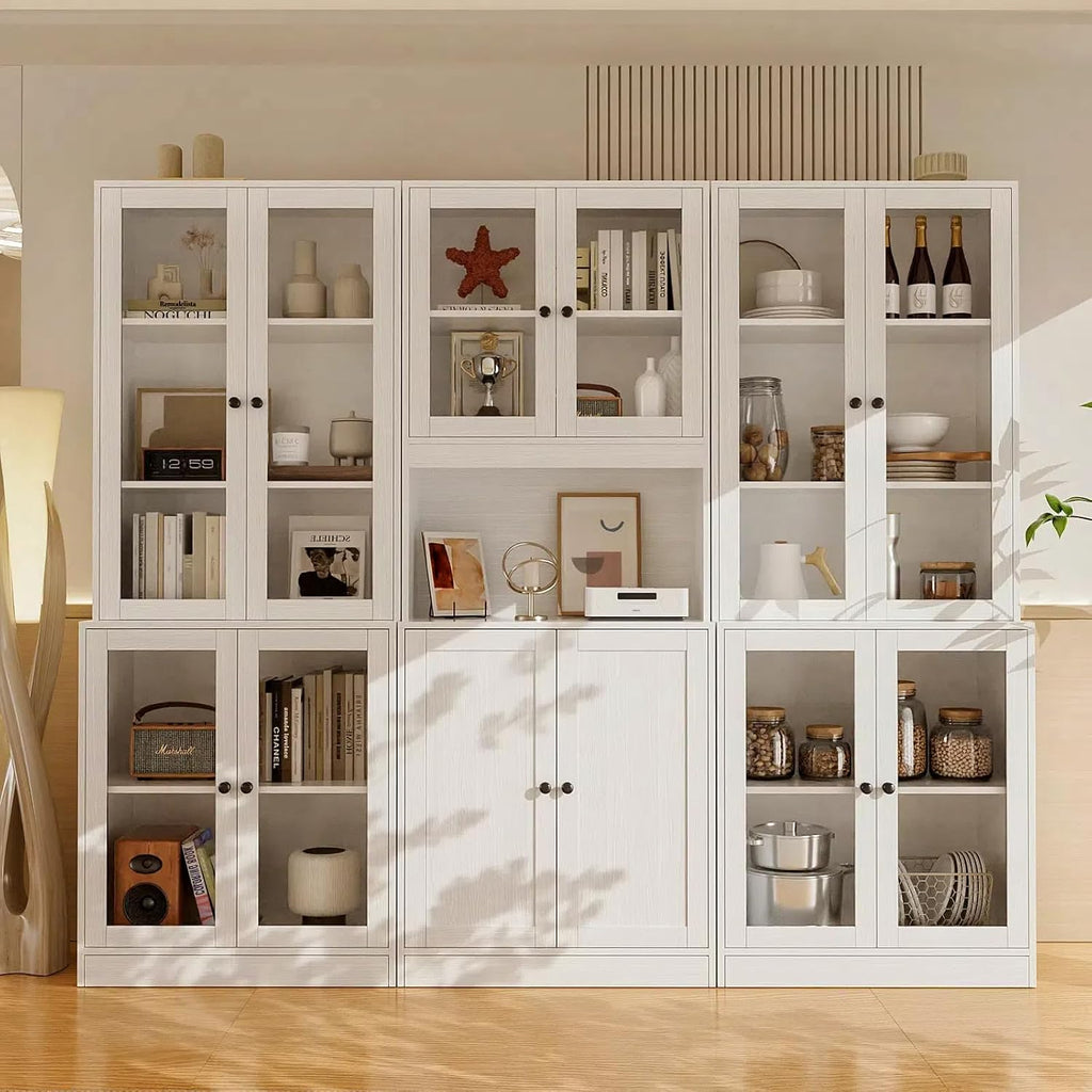TUSY 71'' Tall Pantry Cabinet, Kitchen Hutch Storage Cabinet, Buffet Hutch Set of 3, China Cabinet with Glass Doors, 5-Tier Storage Cabinets for Dining Room, Living Room (White)