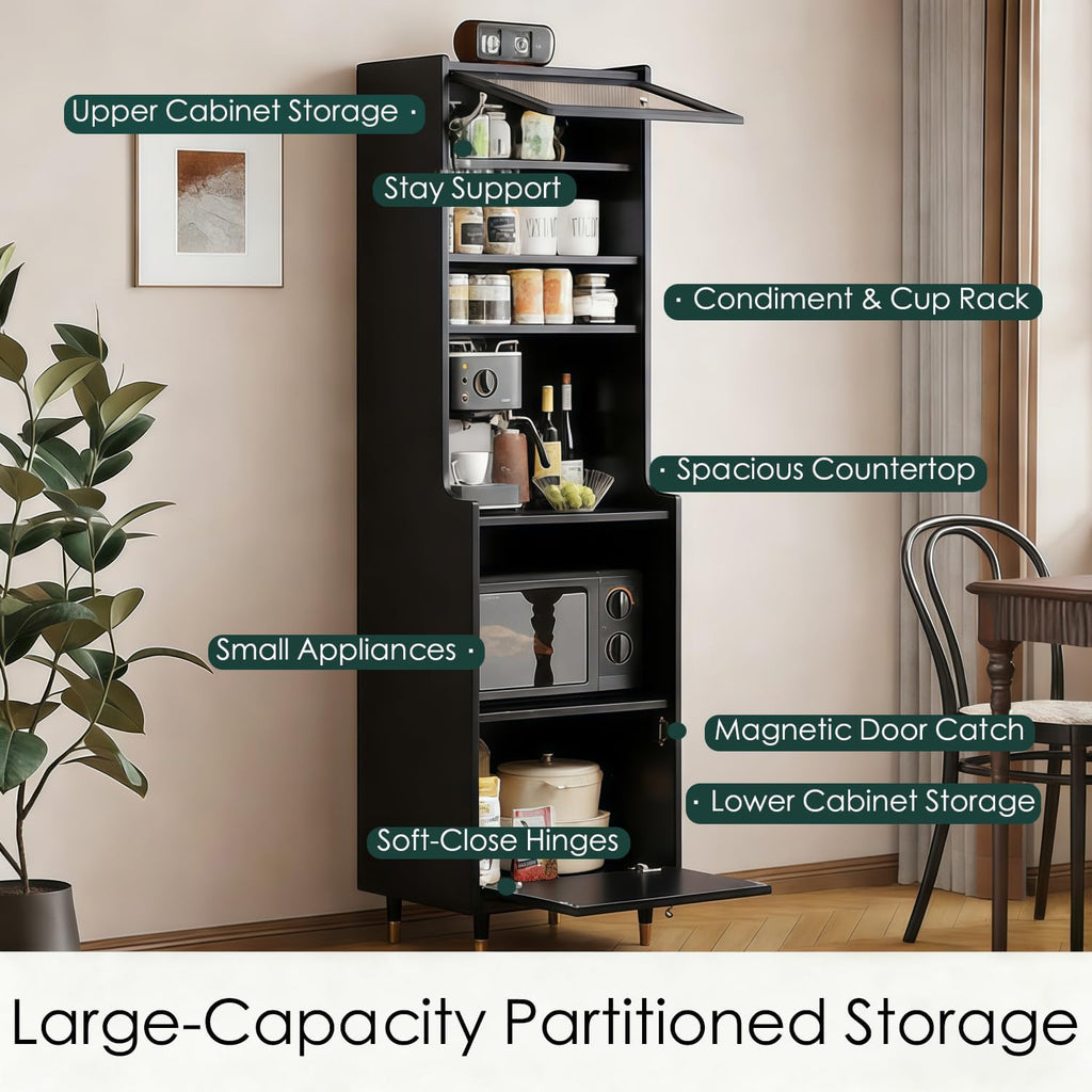 Kavie Solid Wood Kitchen Pantry Cabinet, Narrow Tall Sideboard with Acrylic Doors & Appliance Space, Modern Vintage Tea Station (Black,19.6" L*15.7" W*68.5" H)