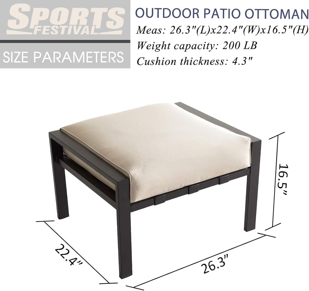 Patio Ottoman Metal Footstool with Soft Thick Cushion Small Seat Outdoor Furniture for Garden Yard Deck, Beige