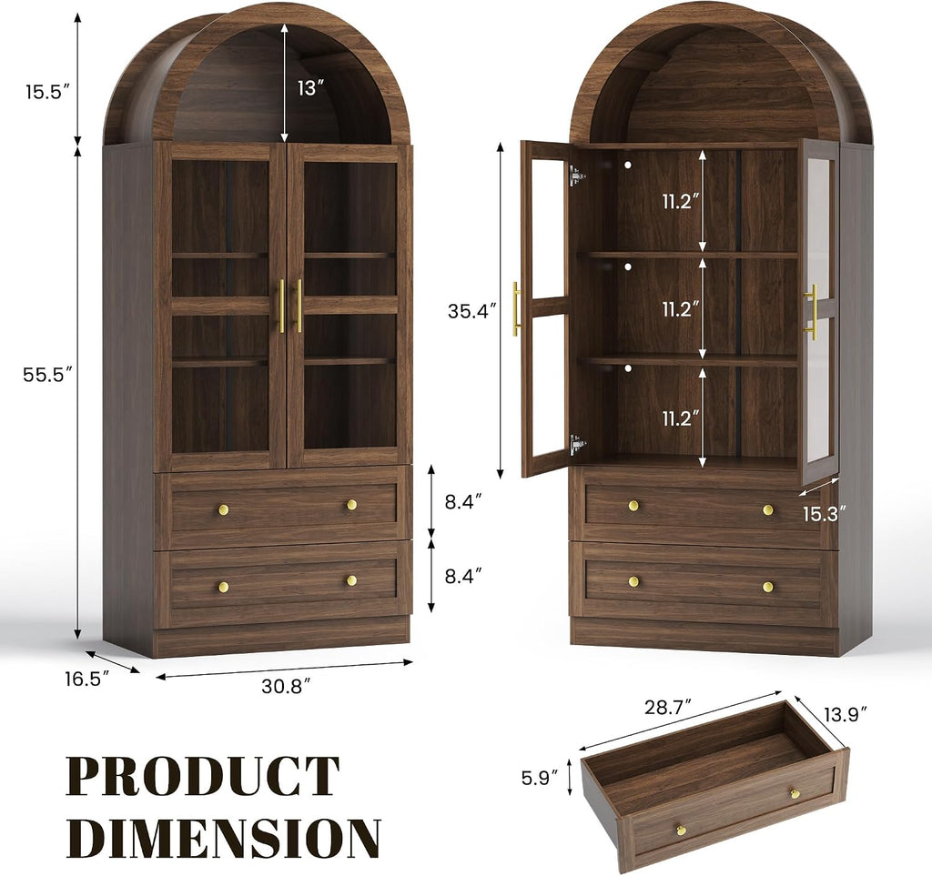 71" Tall Arched Kitchen Pantry Cabinet with LED Light, Modern Farmhouse Kitchen Storage Cabinet with 2 Large Drawers & Glass Doors, Versatile Cupboard for Living Room, Dining Room, Brown