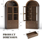 71" Tall Arched Kitchen Pantry Cabinet with LED Light, Modern Farmhouse Kitchen Storage Cabinet with 2 Large Drawers & Glass Doors, Versatile Cupboard for Living Room, Dining Room, Brown