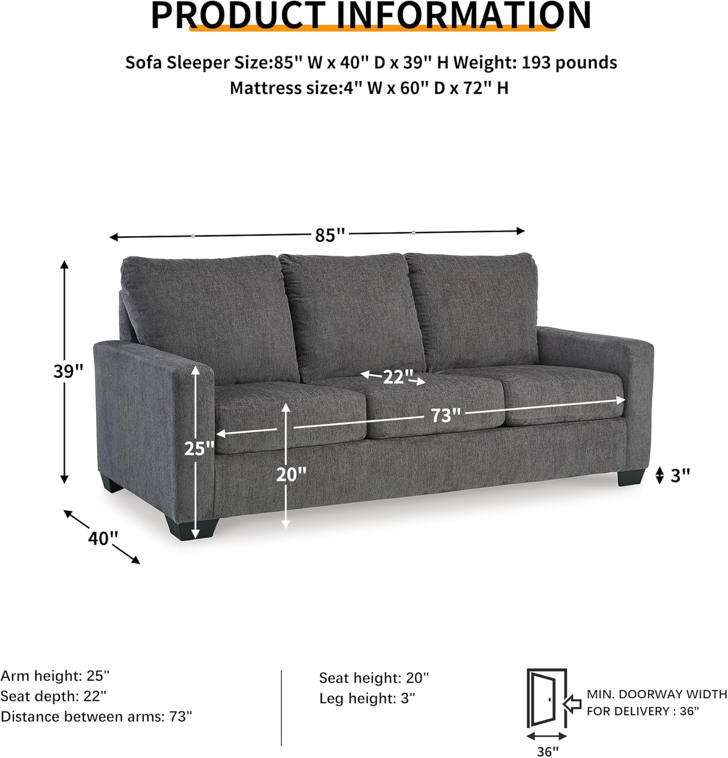 Signature Design by Ashley Rannis Queen Sleeper Sofa, Pewter Pull Out Couch | Pewter gray polyester chenille, Includes 4 in queen memory foam mattress, Space-saving 3-seater profile for living rooms