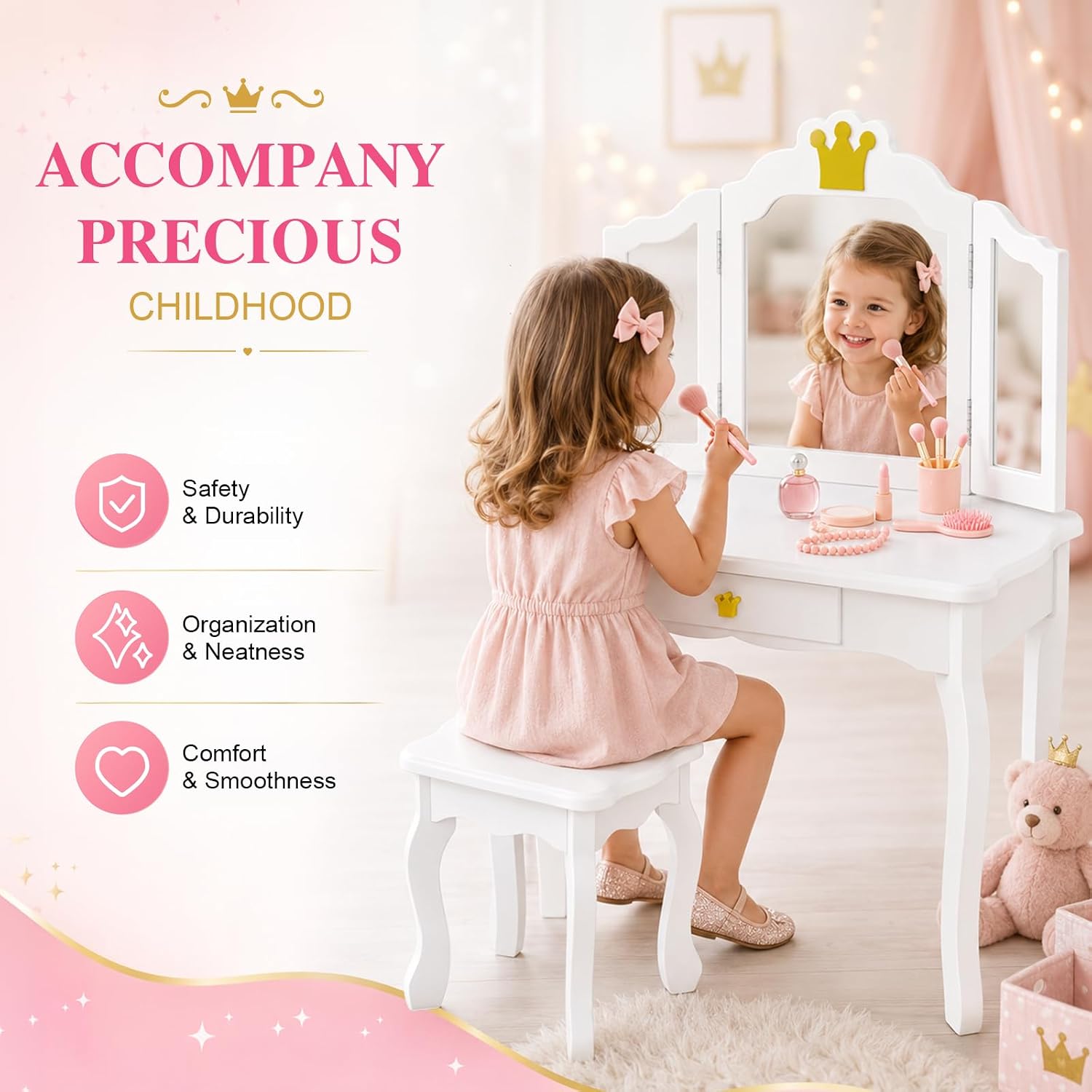 JOYMOR Kids Princess Vanity Table and Chair Set, Kids Vanity Set with Drawer & Tri-Folding Mirror, 2 in 1 Makeup Dressing Table with Detachable Top for Girls