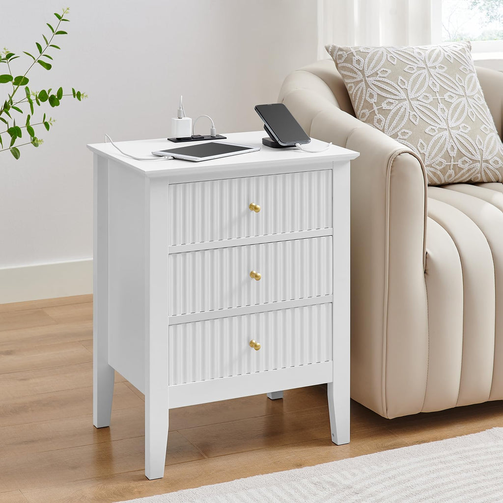 OCANDO White Bed Side Table with 3 Drawers 19" W, Bedroom Nightstand 24" H,Vintage Modern Night Stand with USB Ports,Living Room Fluted End Bedside Tables