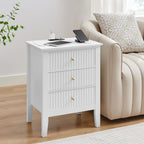 OCANDO White Bed Side Table with 3 Drawers 19" W, Bedroom Nightstand 24" H,Vintage Modern Night Stand with USB Ports,Living Room Fluted End Bedside Tables