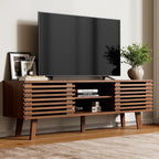 Furniway Mid Century Living Room Table Set of 4, Coffee Table, TV Stand and 2 End Tables with Sliding Door Storage, Walnut