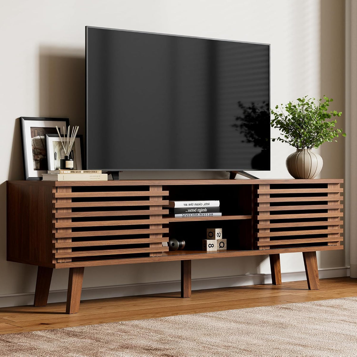 Furniway Mid Century Living Room Table Set of 4, Coffee Table, TV Stand and 2 End Tables with Sliding Door Storage, Walnut