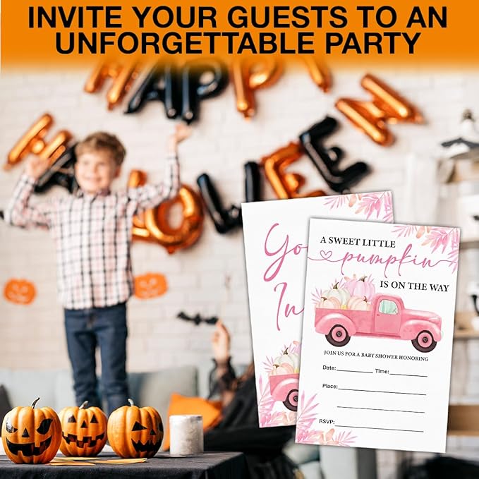 Pumpkin Baby Shower Party Invitations, Fall Pink Pumpkins Truck Baby Shower Party Fill in Invites Cards With Envelopes (20 Count), Double Sided Design
