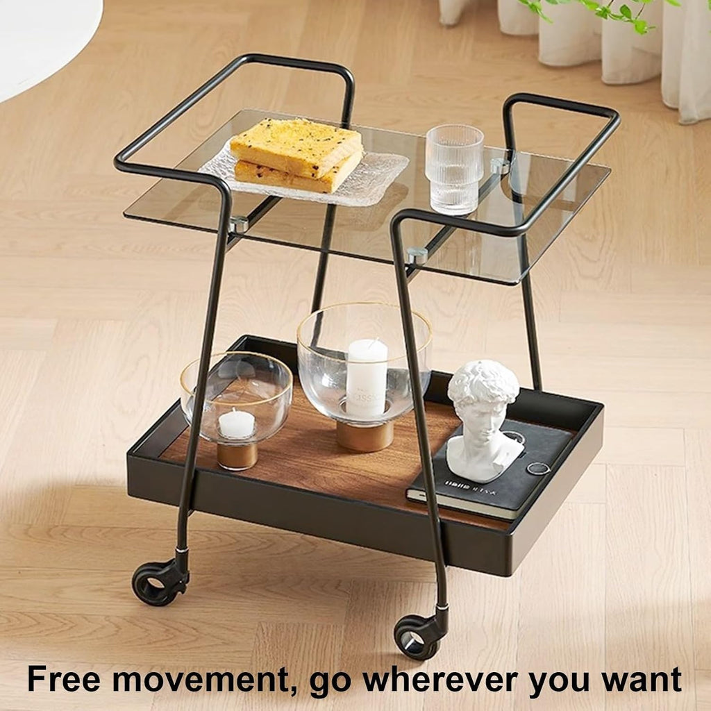 2 Tier Side Table with Wheels End Tables with Storage Shelf Storage Cart with Glass Top Small Coffee Table for Home Solid Construction