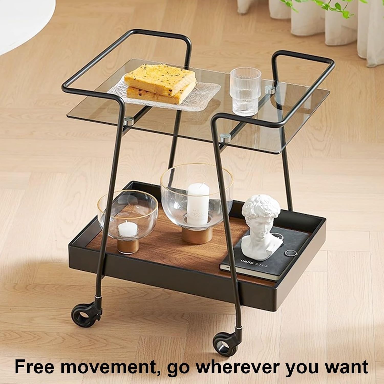 2 Tier Side Table with Wheels End Tables with Storage Shelf Storage Cart with Glass Top Small Coffee Table for Home Solid Construction