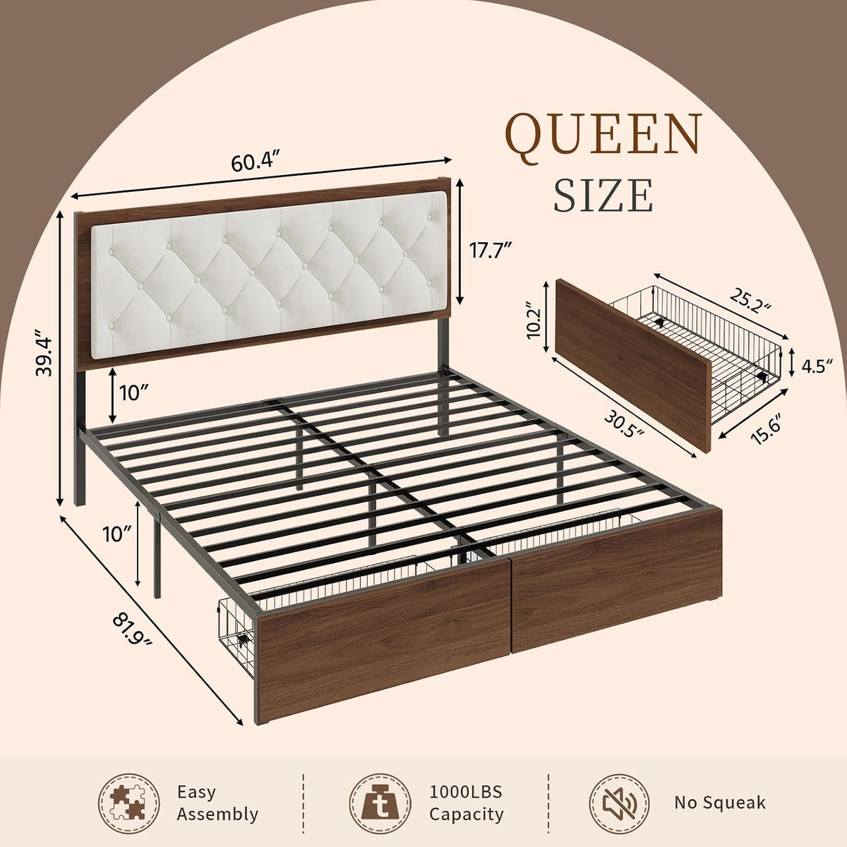 Queen Size Bed Frame with 2 Storage Drawers & Upholstered Headboard, Mid-Century Modern Platform Bed, Tufted Headboard, Metal Slat Support, No Box Spring Needed, Noise-Free, Easy Assembly, Walnut