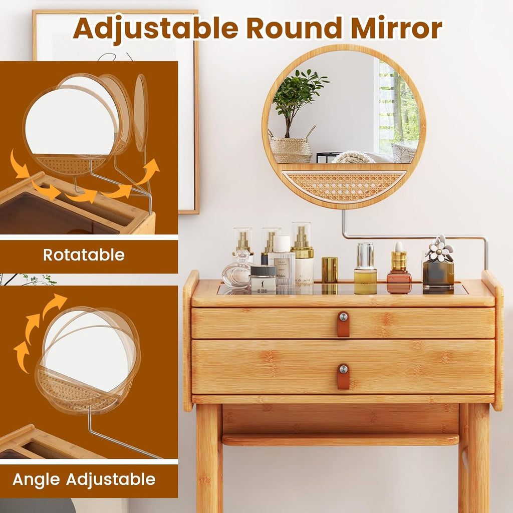 COSTWAY Bamboo Vanity Desk with Adjustable Round Mirror and 2 Drawers | Makeup Vanity Set w/ Tabletop Storage Compartment & Tempered Glass Tabletop, Small Bedroom Dressing Table for Adult Teens