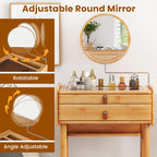COSTWAY Bamboo Vanity Desk with Adjustable Round Mirror and 2 Drawers | Makeup Vanity Set w/ Tabletop Storage Compartment & Tempered Glass Tabletop, Small Bedroom Dressing Table for Adult Teens