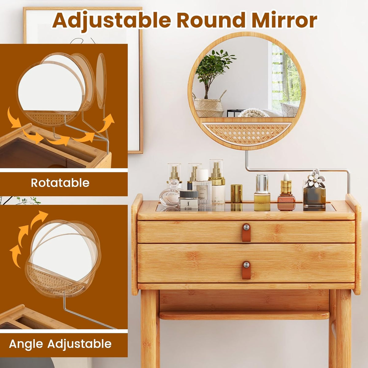 COSTWAY Bamboo Vanity Desk with Adjustable Round Mirror and 2 Drawers | Makeup Vanity Set w/ Tabletop Storage Compartment & Tempered Glass Tabletop, Small Bedroom Dressing Table for Adult Teens