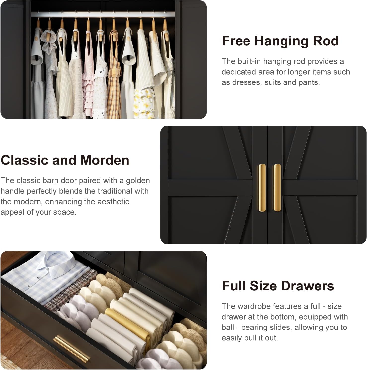 COFaR 71 Farmhouse Metal Wardrobe Closet with Hanging Rod, 2 Barn Doors, Adjustable Shelves, Steel Armoire with Drawer for Home, Bedroom Black