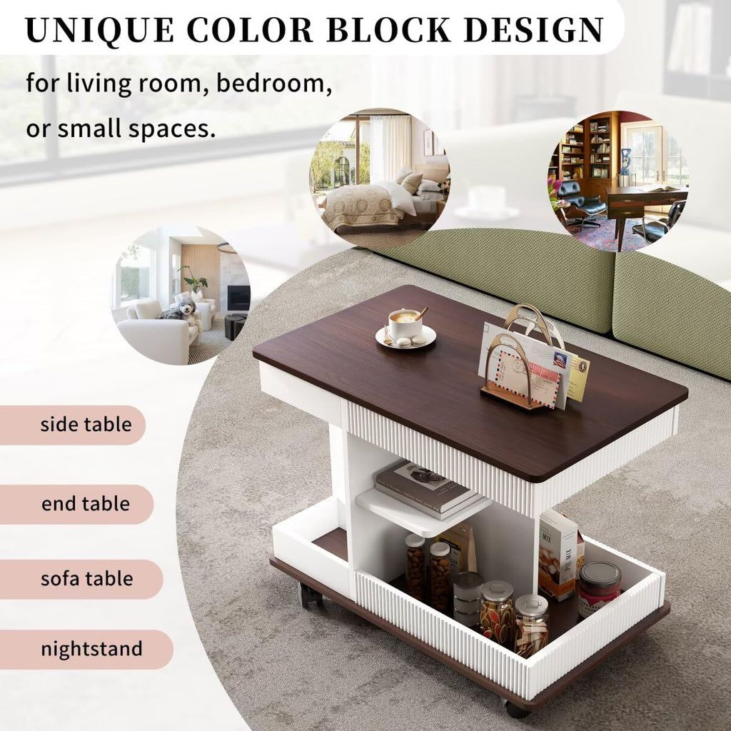 29.5" Adjustable End Table with Wheels, Modern Multifunctional Sofa Side Table with Lift-Top, 360°Rotating Top and Storage Space for Living Room, Small Space, Brown+White