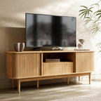 Furniway Modern TV Stand for 45/55/70 inch TV, Entertainment Center with Sliding Doors and Storage, Wood TV Stand for Bedroom, Living Room, Natural