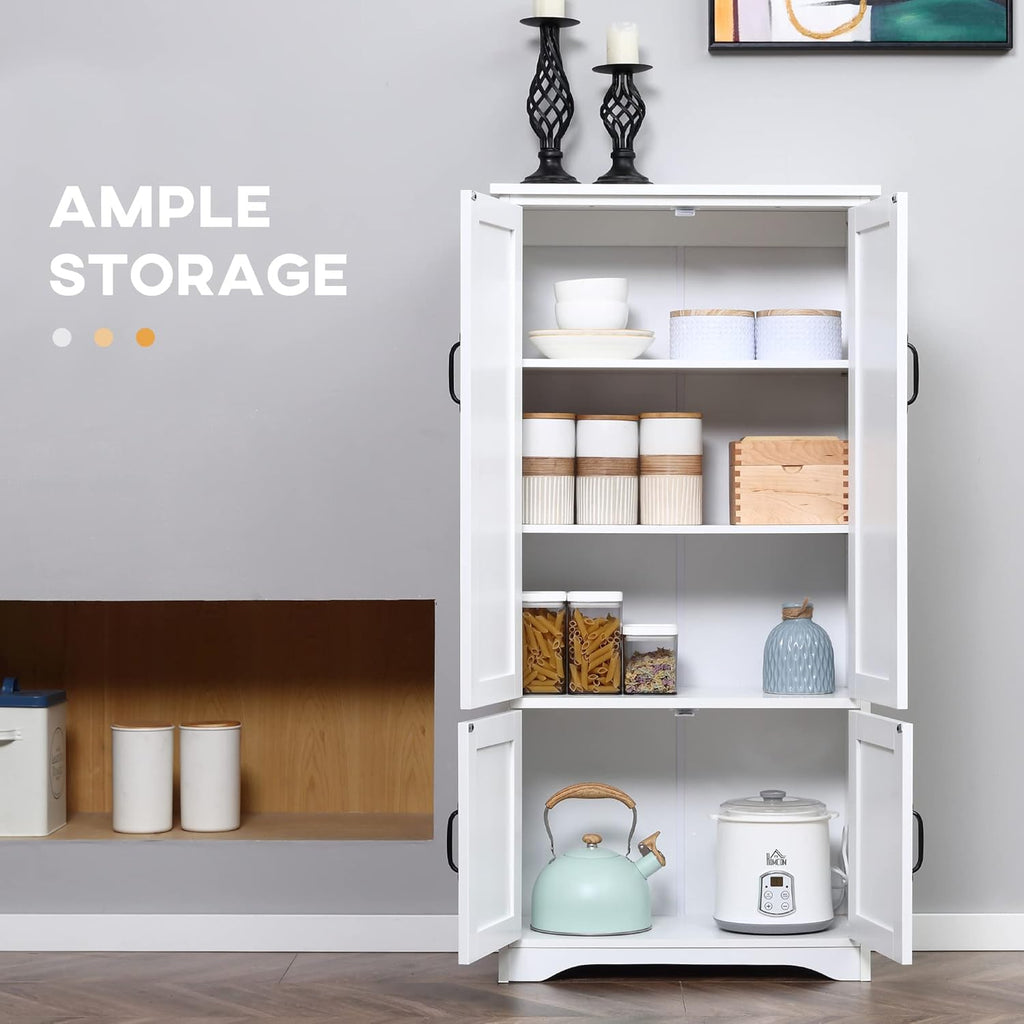 HOMCOM 48.5" Kitchen Pantry Cabinet with 2 Adjustable Shelves and 4 Beadboard Doors, Compact Farmhouse Kitchen Storage Cabinet for Dining Room, White
