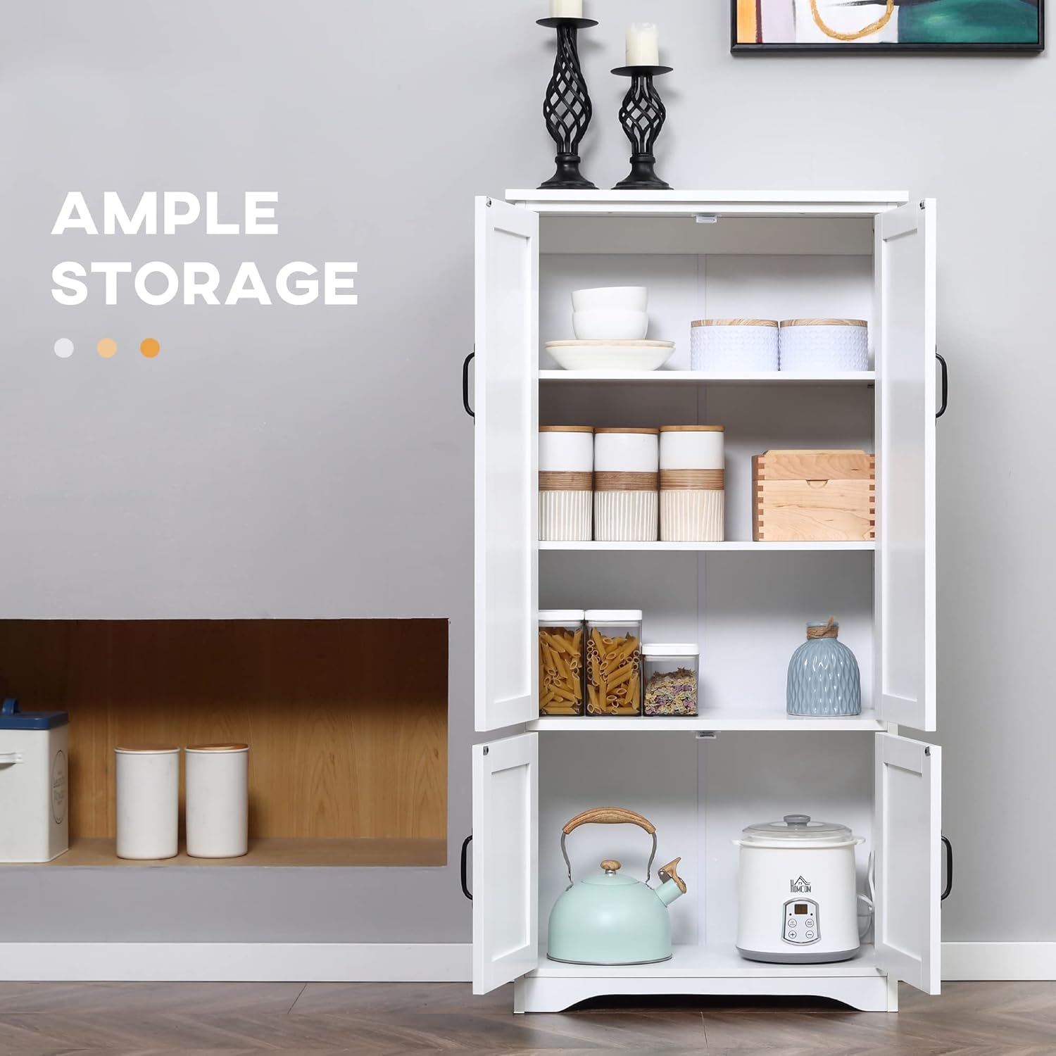 HOMCOM 48.5" Kitchen Pantry Cabinet with 2 Adjustable Shelves and 4 Beadboard Doors, Compact Farmhouse Kitchen Storage Cabinet for Dining Room, White