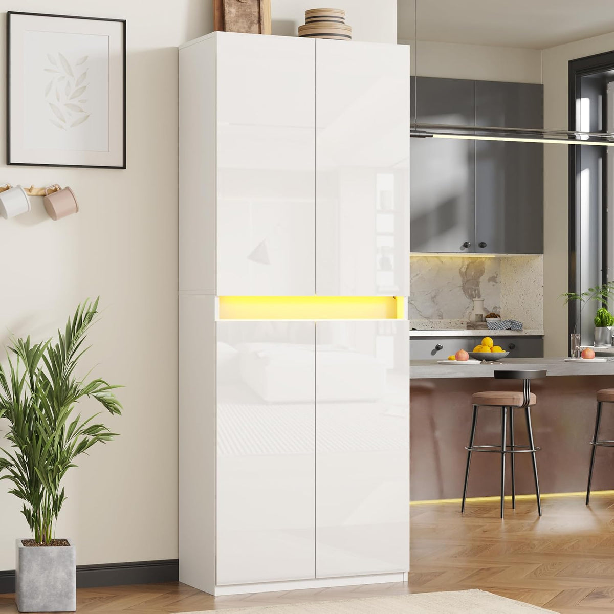 Furnify 71" Tall Pantry Cabinet with LED Light and High Gloss Doors, White | Kitchen Freestanding Pantry Storage Cabinet with Adjustable Shelves, Modern Buffet Hutch Cabinet for Dining Room, Living Room