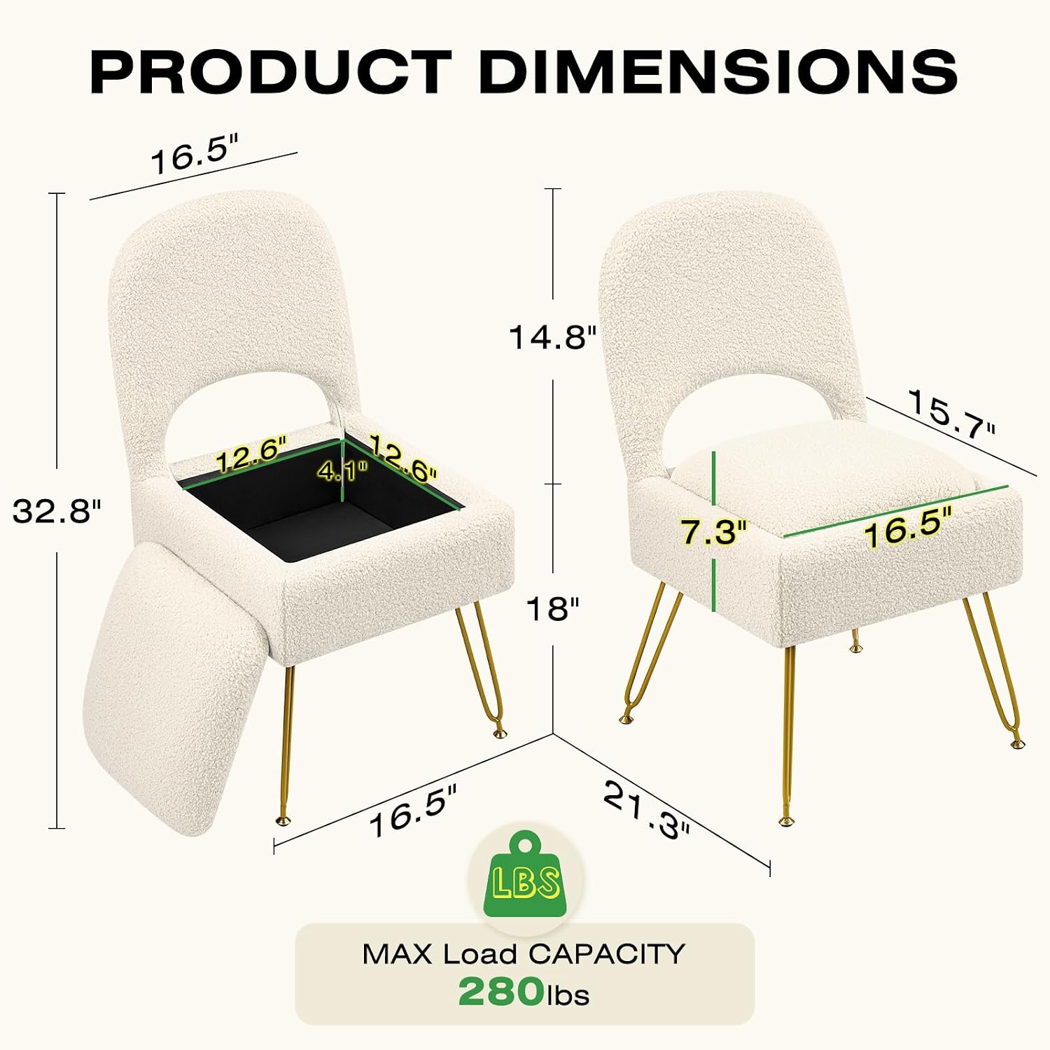 Vanity Stool with Storage & Folding Backrest, Cute White Faux Fur Makeup Stool Ottoman, Comfy Padded Chair for Bedroom, Adjustable Back & Plush Cushion Seat, 16.6" Wide 11L Storage Space