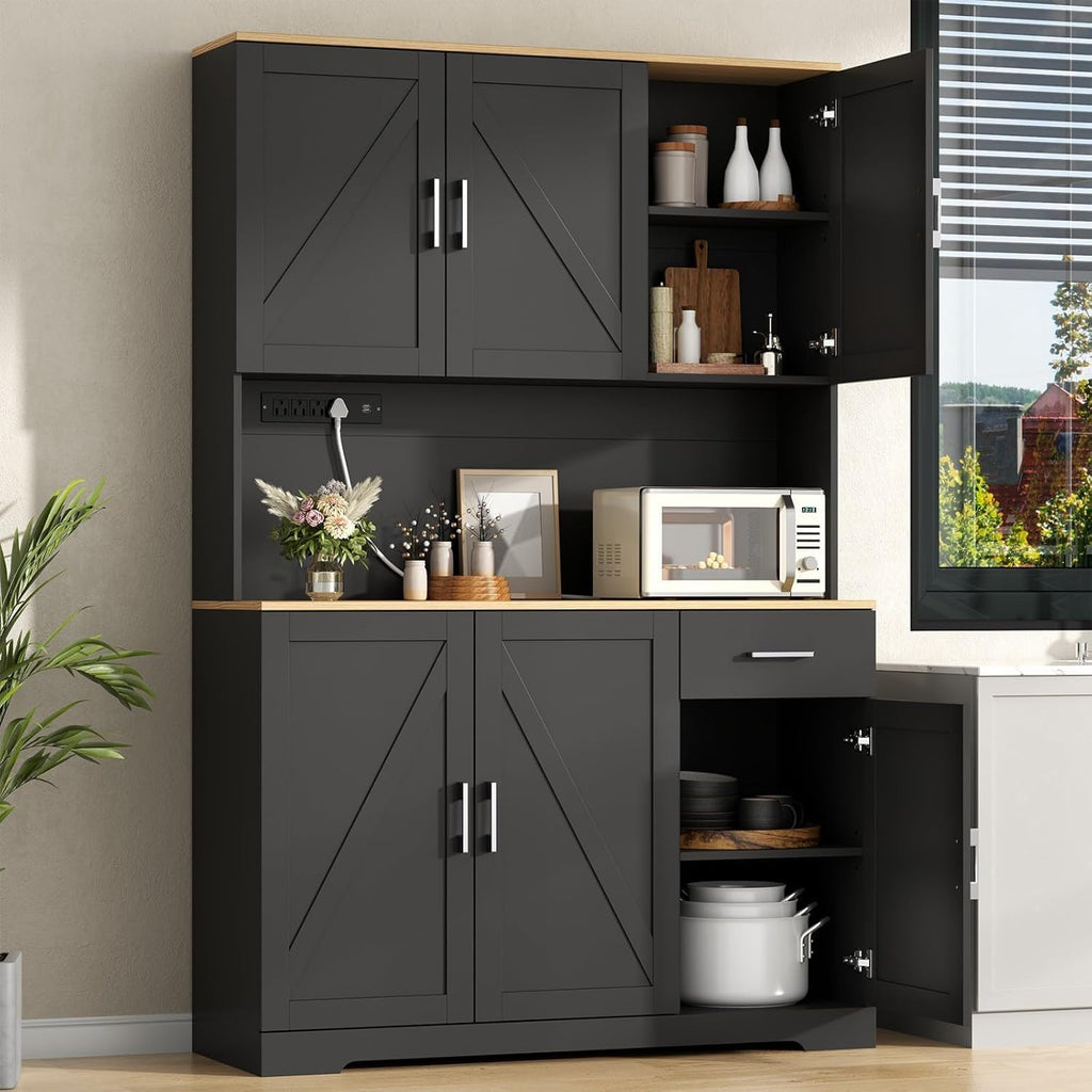 71" Pantry Cabinet,Kitchen Pantry Storage Cabine with Power Outlet,Farmhouse Kitchen Hutch Pantry Cabinet, Tall Hutch with Adjustable Shelf & Door,Food Pantry Storage for Dining Room,Kitchen (Black)