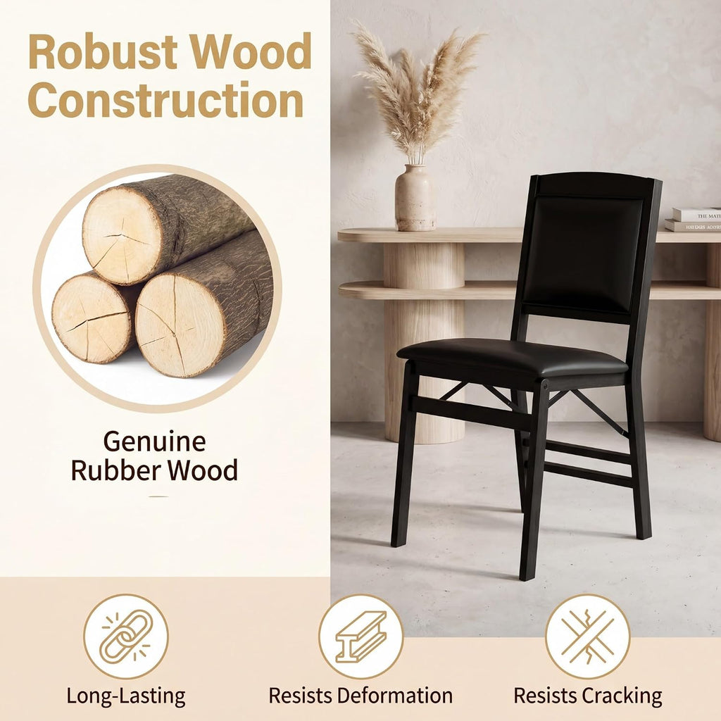 GOFLAME Folding Dining Chairs Set of 2, Faux Leather Upholstered Kitchen Chairs with Padded Seat and Backrest, Solid Wood Foldable Chairs for Living Room, Dining Room, Restaurant, Black