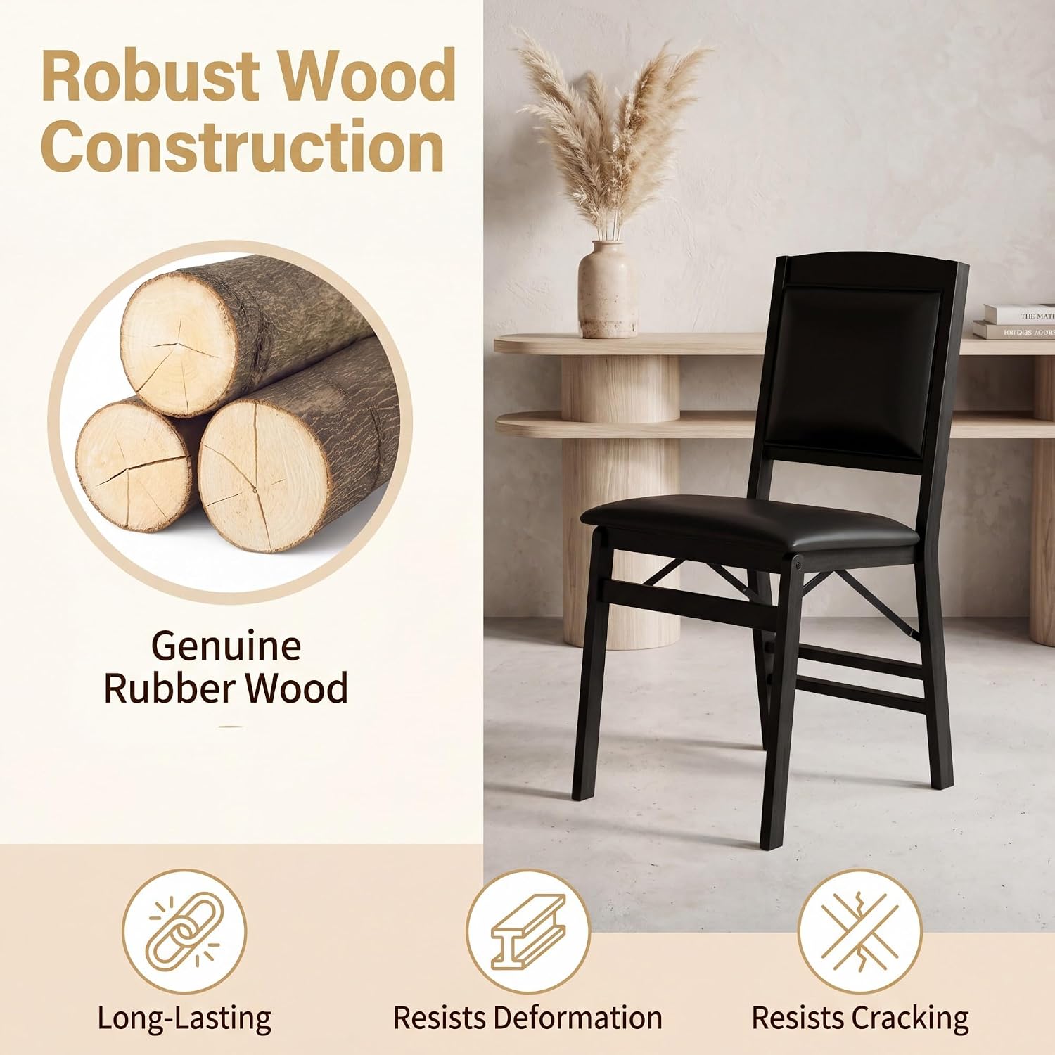 GOFLAME Folding Dining Chairs Set of 2, Faux Leather Upholstered Kitchen Chairs with Padded Seat and Backrest, Solid Wood Foldable Chairs for Living Room, Dining Room, Restaurant, Black