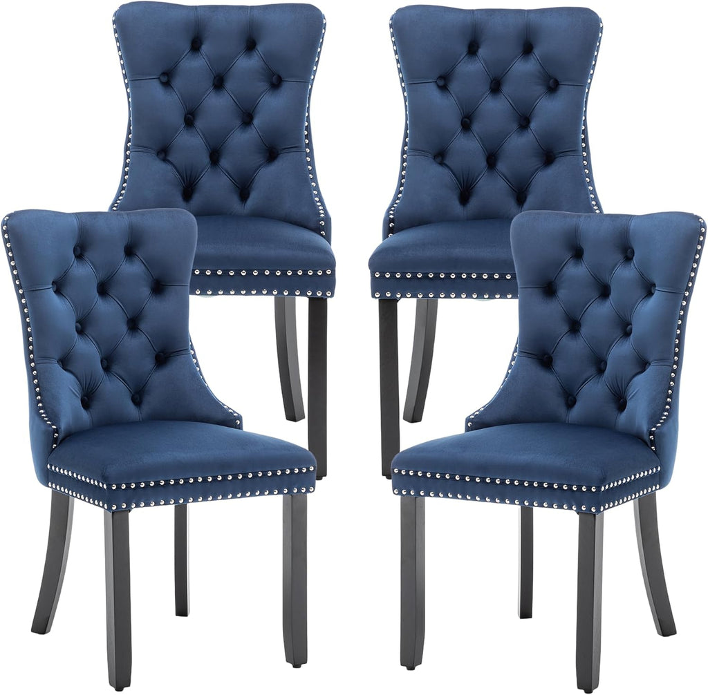 Mid Century Modern Dining Chair Set of 4 Velvet Upholstered Dining Accent Chair Farmhouse Dining Chairs with High Back and Nailhead Trim for Kitchen, Living Room, Bedroom (Blue)