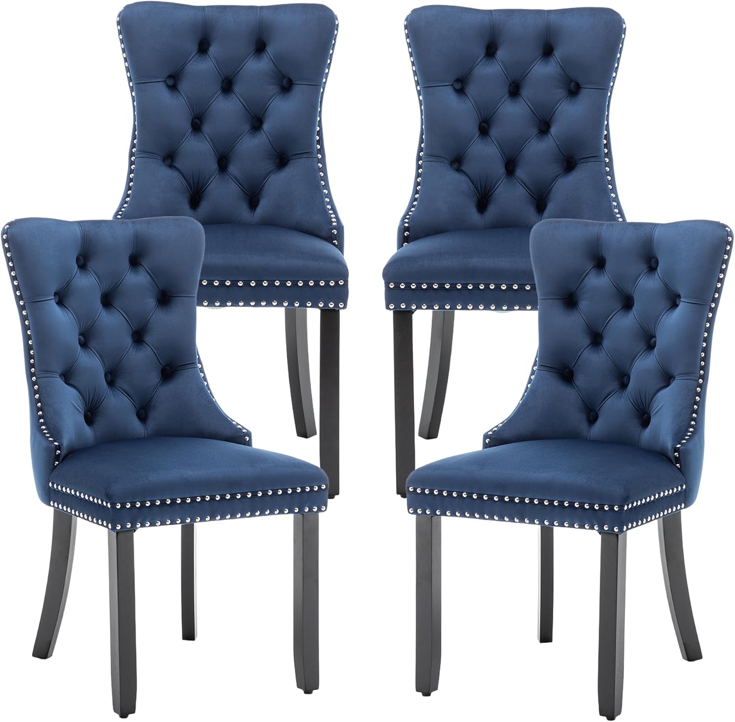 Mid Century Modern Dining Chair Set of 4 Velvet Upholstered Dining Accent Chair Farmhouse Dining Chairs with High Back and Nailhead Trim for Kitchen, Living Room, Bedroom (Blue)