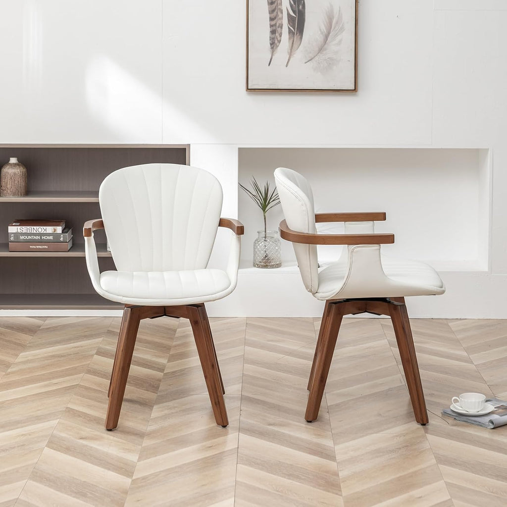 LUNLING Swivel Dining Chairs, Mid Century Modern White Faux Leather Kitchen Chairs with Arms,Bamboo Legs Side Chairs No Wheels,Accent Chair for Dining Rooms and Offices,1PCS