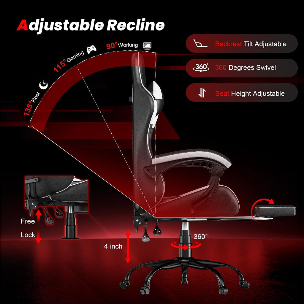 Gaming Chair with Footrest, Ergonomic Video Game Chair for Adults, White | PU Leather, Headrest and Lumbar Support, Height Adjustable 360° Swivel High Back Reclining Computer Chair for Home Office