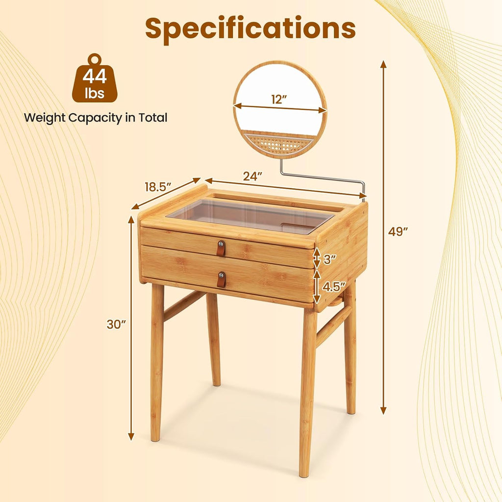 COSTWAY Bamboo Vanity Desk with Adjustable Round Mirror and 2 Drawers | Makeup Vanity Set w/ Tabletop Storage Compartment & Tempered Glass Tabletop, Small Bedroom Dressing Table for Adult Teens