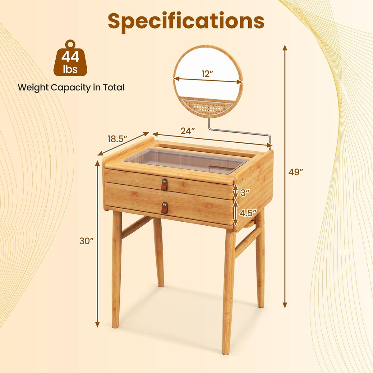 COSTWAY Bamboo Vanity Desk with Adjustable Round Mirror and 2 Drawers | Makeup Vanity Set w/ Tabletop Storage Compartment & Tempered Glass Tabletop, Small Bedroom Dressing Table for Adult Teens