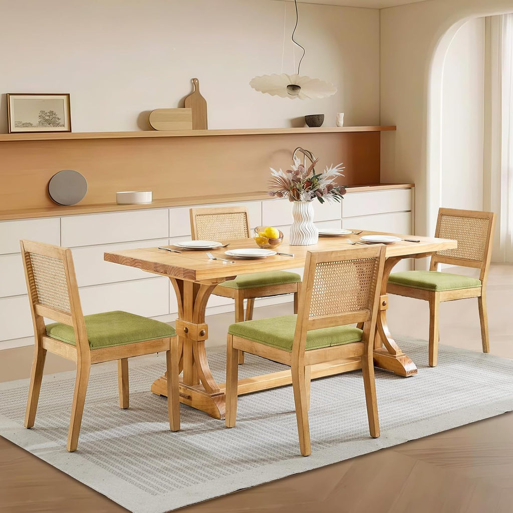 SoarFlash Kitchen French Dining Chairs Set of 4, Vintage Dining Chairs with Rattan Backrest, Wooden Framehouse Chairs for Living Room, Restaurant, Green