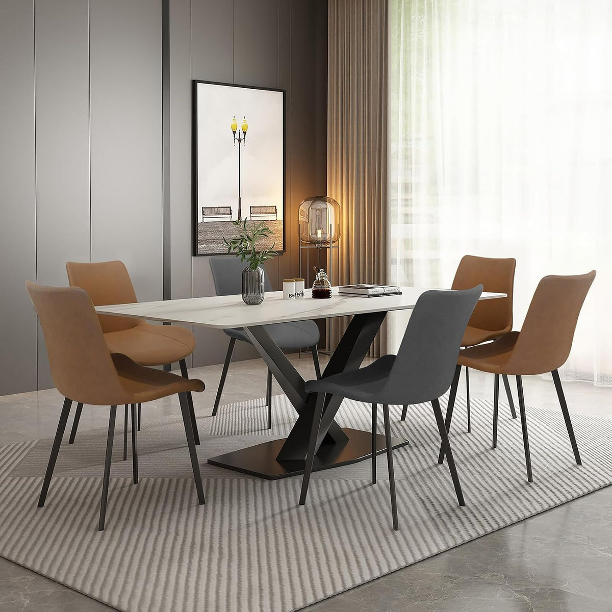 Dining Chairs Set of 2, Modern PU Leather Dining Room Chair with Sturdy Metal Legs, Upholstered Faux Leather Cushion Seat Dinner Chairs Accent Side Chairs for Indoor Kitchen Living Room,Brown
