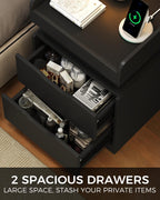 Modern Nightstand with Sliding Top, Night Stand with Charging Station and LED Lights, Bedside Table with 2 Drawers, End Side Table for Bedroom, Living Room, Office, Black