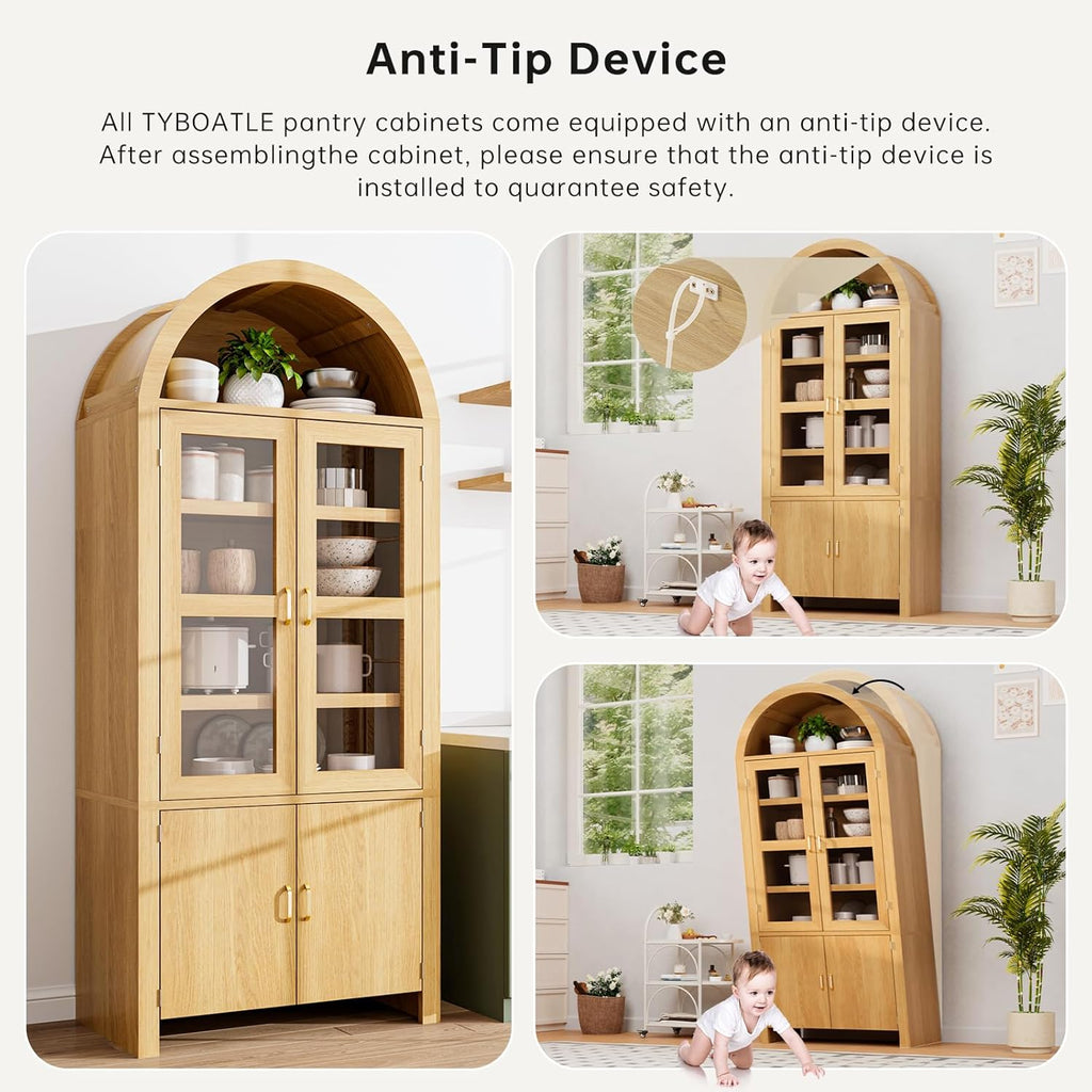 71" Tall Arched Kitchen Pantry, Modern Farmhouse Kitchens Storage Cabinets, Versatile Cupboard for Kitchen, Dining Room, Wood, 1 Pc