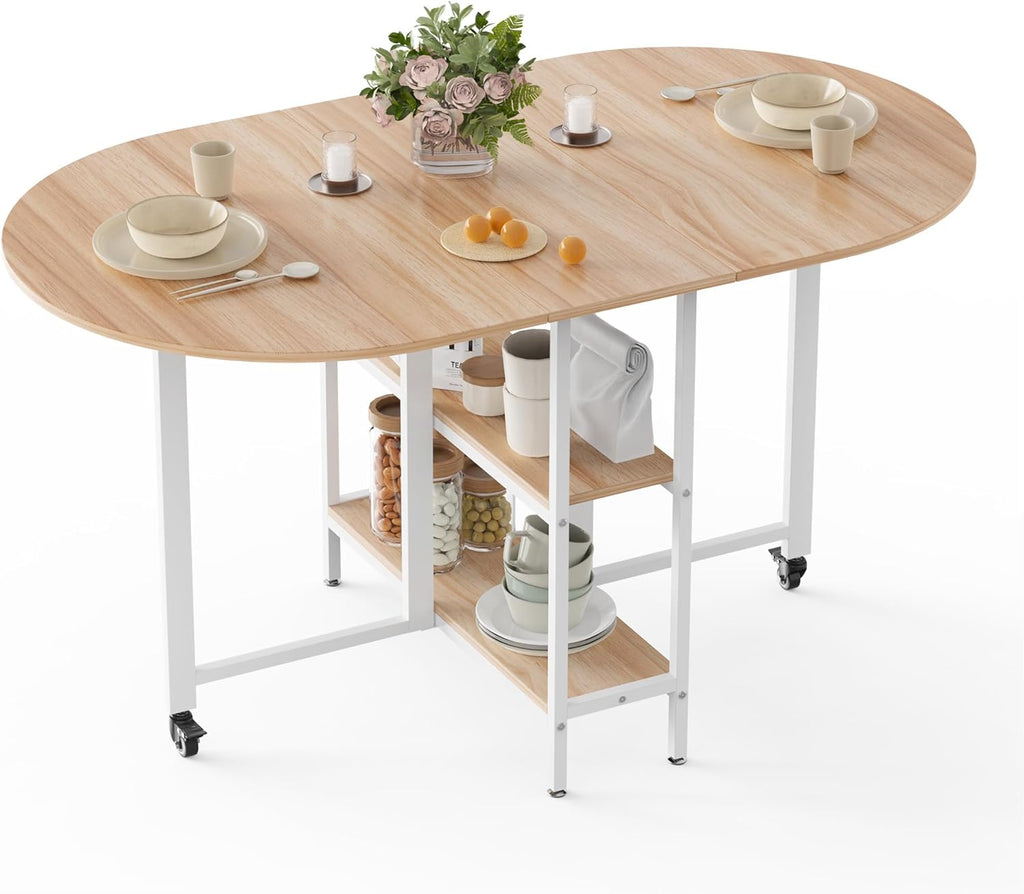 Mondeer Mobile Folding Dining Table, Drop Leaf Table with 2 Open Storage Shelves, Round Edged Design, Small Spaces Dining Room Kitchen (Oak and White) (55 inch)
