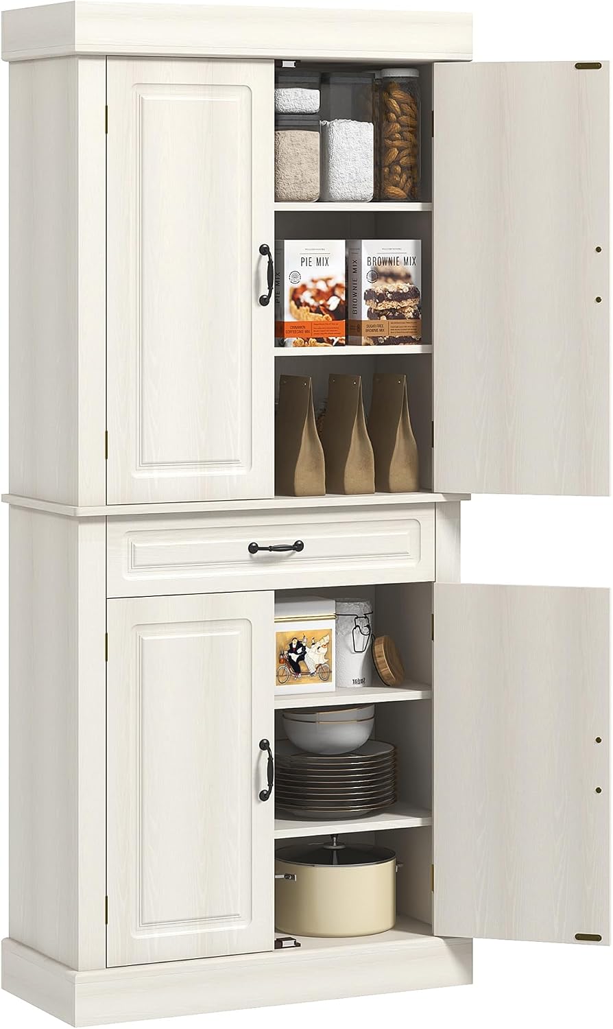 HOMCOM 71" Freestanding Kitchen Pantry Cabinet, Tall Storage Cabinet with 4 Doors and Drawer for Dining Room, Distressed White
