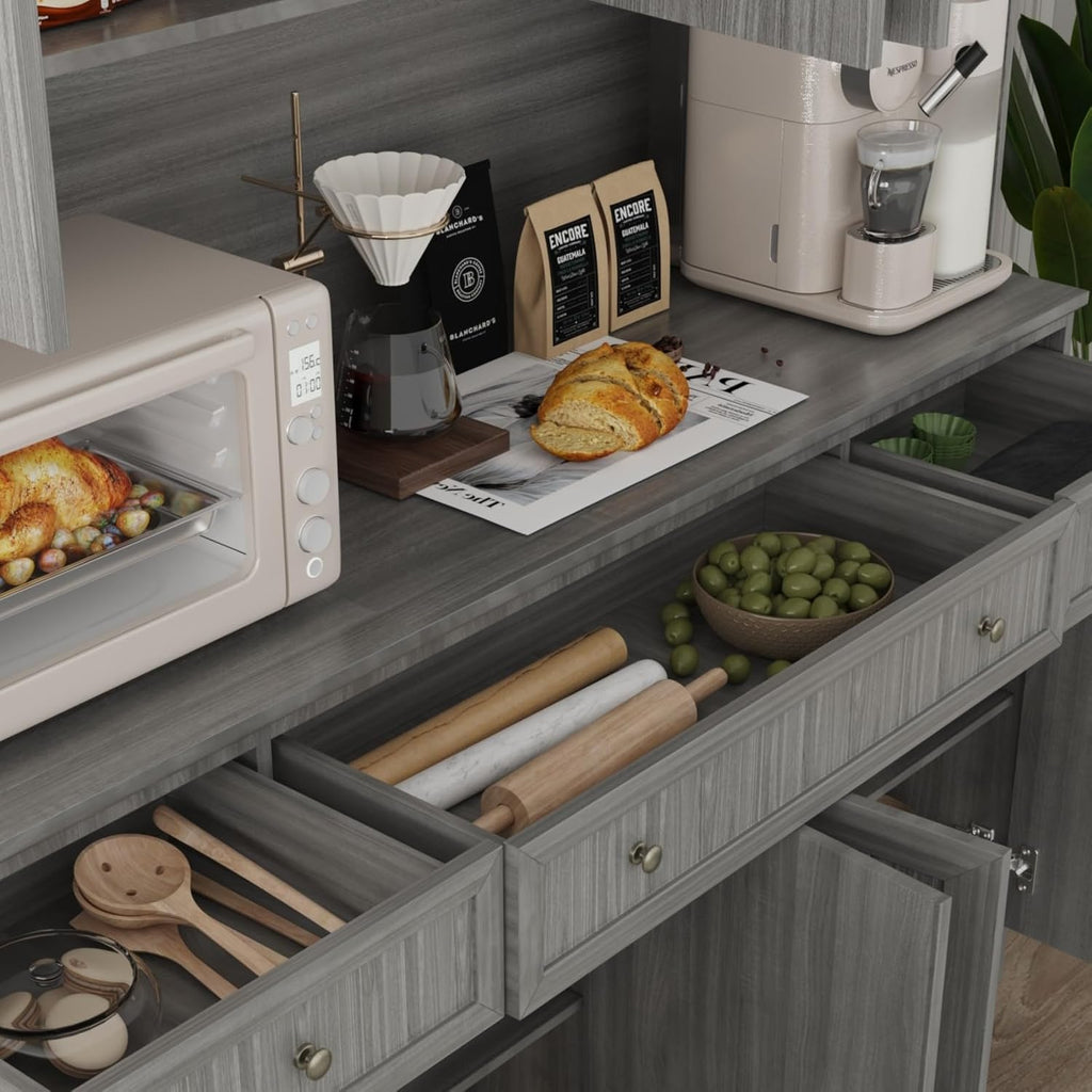Kitchen Pantry Cabinet with Glass Doors and 3 Drawers, Tall Freestanding Storage Cabinet with Open Countertop, Fluted Doors, Living Room, Grey 59.1”W x 17.7”D x 74.8”H