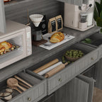 Kitchen Pantry Cabinet with Glass Doors and 3 Drawers, Tall Freestanding Storage Cabinet with Open Countertop, Fluted Doors, Living Room, Grey 59.1”W x 17.7”D x 74.8”H