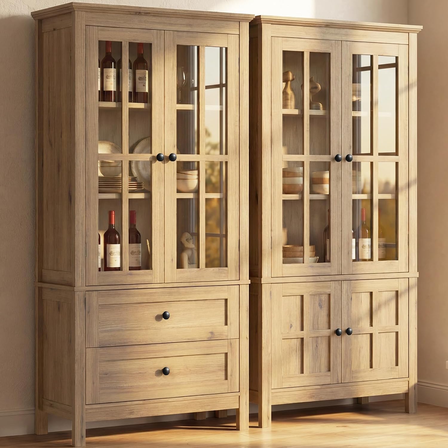 63" Tall Kitchen Pantry Cabinet Set of 2, Farmhouse Wood Storage Cabinet | Freestanding Kitchen Hutch Cupboard with 2 Drawers & Glass Doors & Adjustable Shelves for Dining Living Room (Yellow Oak)