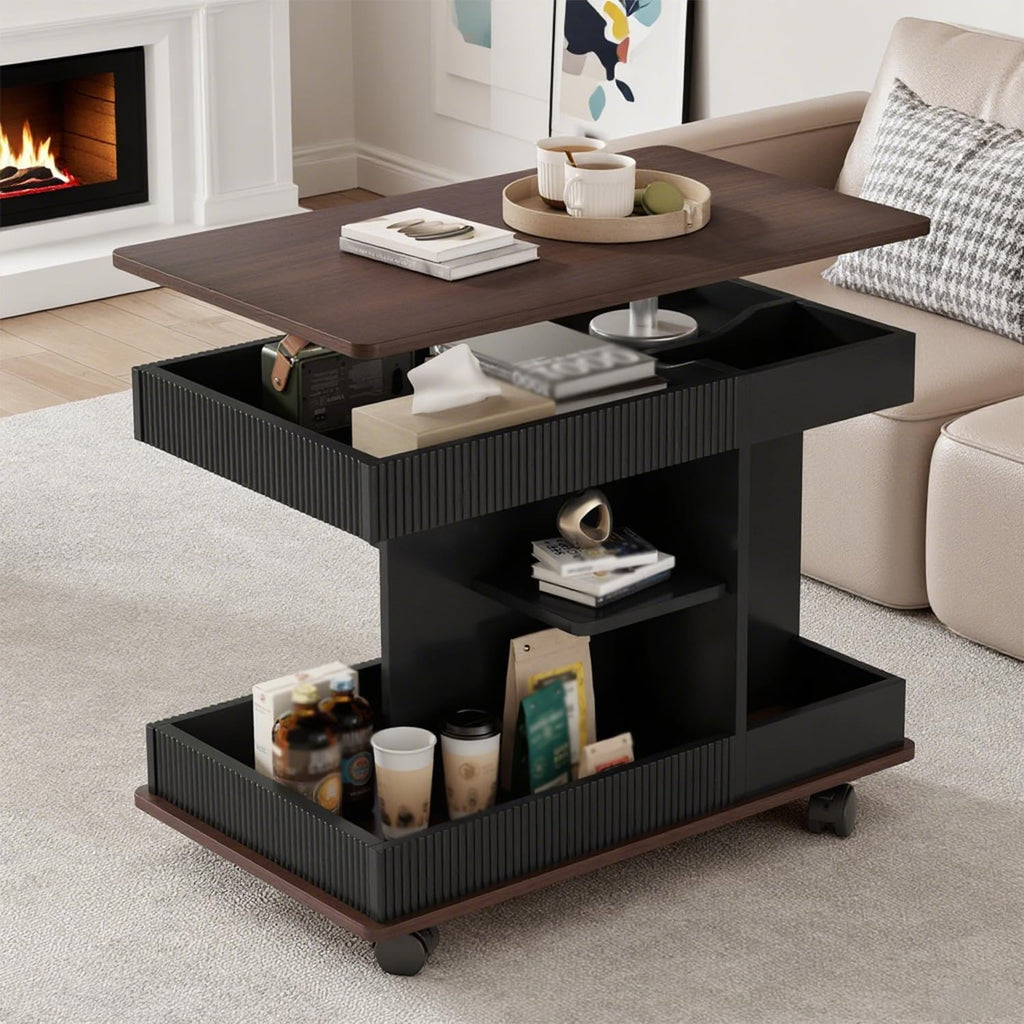 Lift Top End Table with Wheels, Rotating Sofa Side Table, 360°Rotating Top & Storage Space for Living Room, Bedroom, Small Space (Black+Brown)