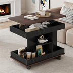 Lift Top End Table with Wheels, Rotating Sofa Side Table, 360°Rotating Top & Storage Space for Living Room, Bedroom, Small Space (Black+Brown)